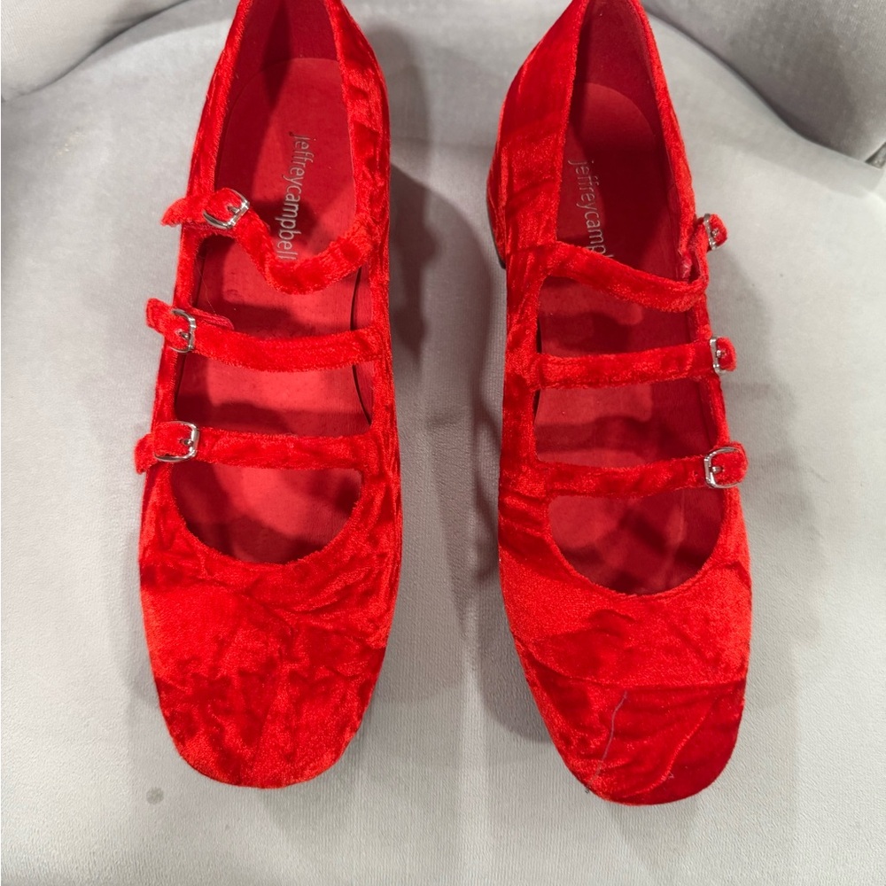 Jeffrey Campbell MARCIE red velvet triple strap shoes